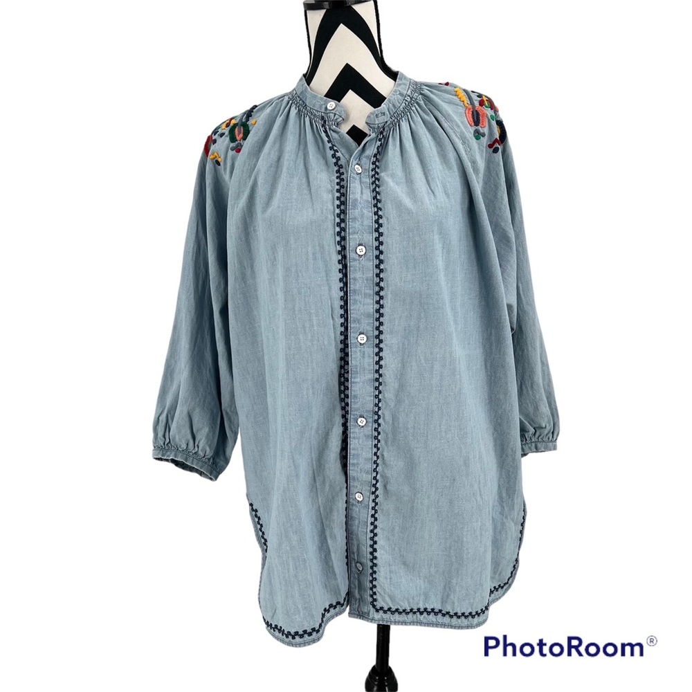 Lucky Brand Embroidered Chambray Button Down Top Size L
